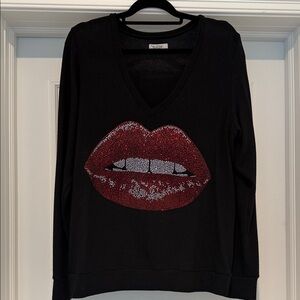 Lauren Moshi Black Sweater with Red rhinestone Lips Design